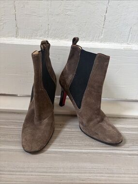 Christian Louboutin Brown Suede Ankle Booties with Black Elastic and Red Soles